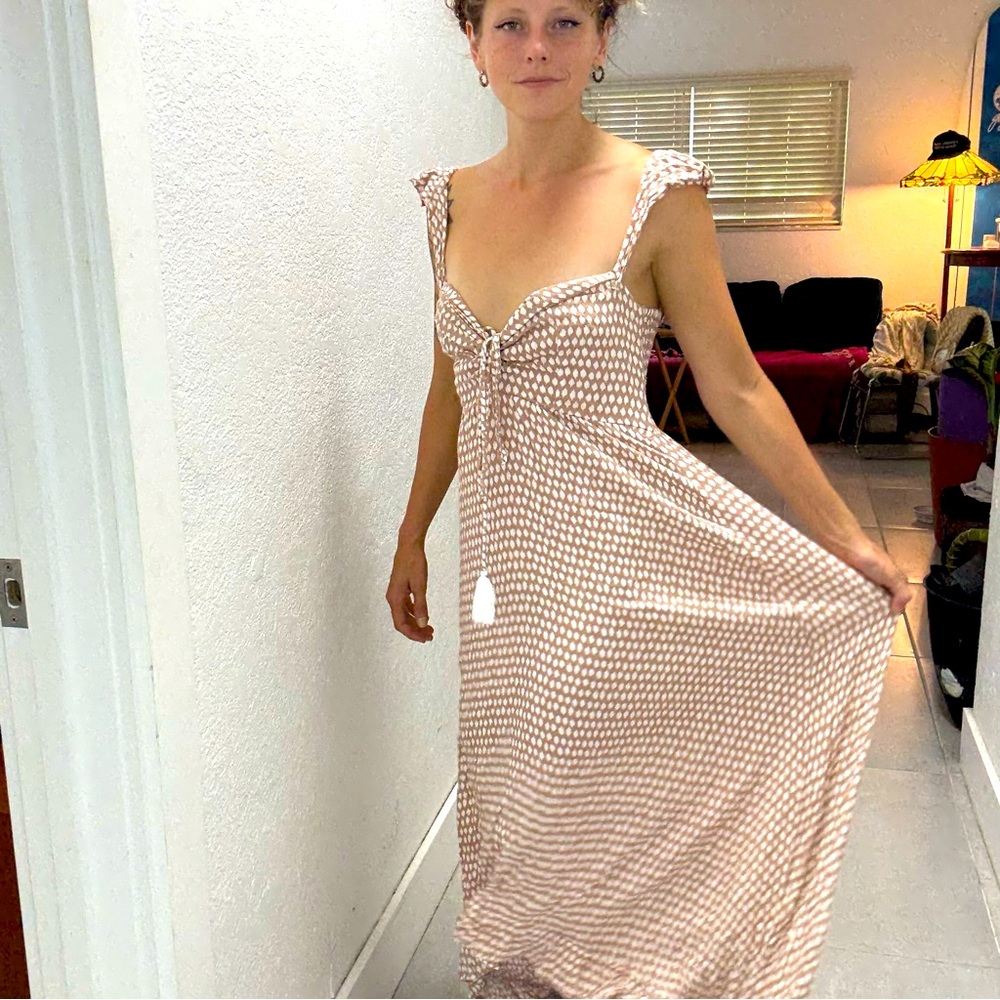 Pink-Tan & White Patterned Maxi Dress Handmade in Indonesia